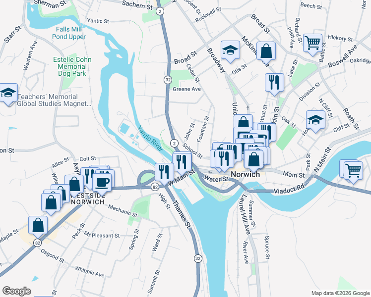 map of restaurants, bars, coffee shops, grocery stores, and more near 61 School Street in Norwich