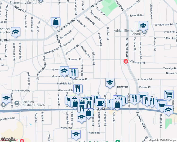 map of restaurants, bars, coffee shops, grocery stores, and more near 4025 Rosemond Road in Cleveland Heights