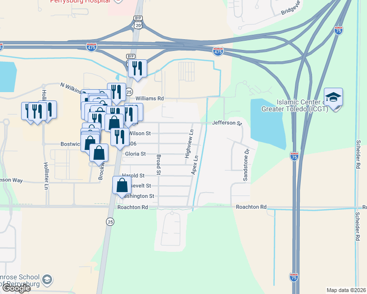 map of restaurants, bars, coffee shops, grocery stores, and more near 12331 Lincoln Boulevard in Perrysburg