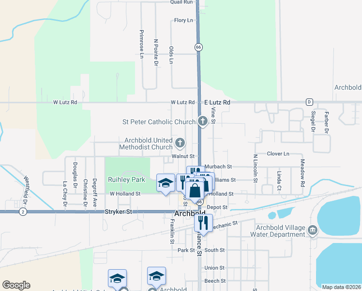 map of restaurants, bars, coffee shops, grocery stores, and more near 408 Ditto Street in Archbold