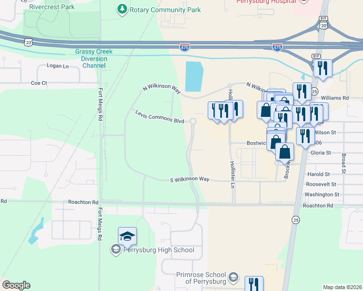 map of restaurants, bars, coffee shops, grocery stores, and more near 2005 Michael Owens Way in Perrysburg