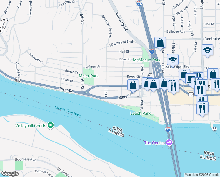 map of restaurants, bars, coffee shops, grocery stores, and more near 827 U.S. 67 in Bettendorf