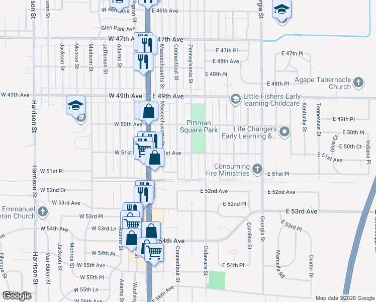 map of restaurants, bars, coffee shops, grocery stores, and more near 5088 Pennsylvania Street in Gary