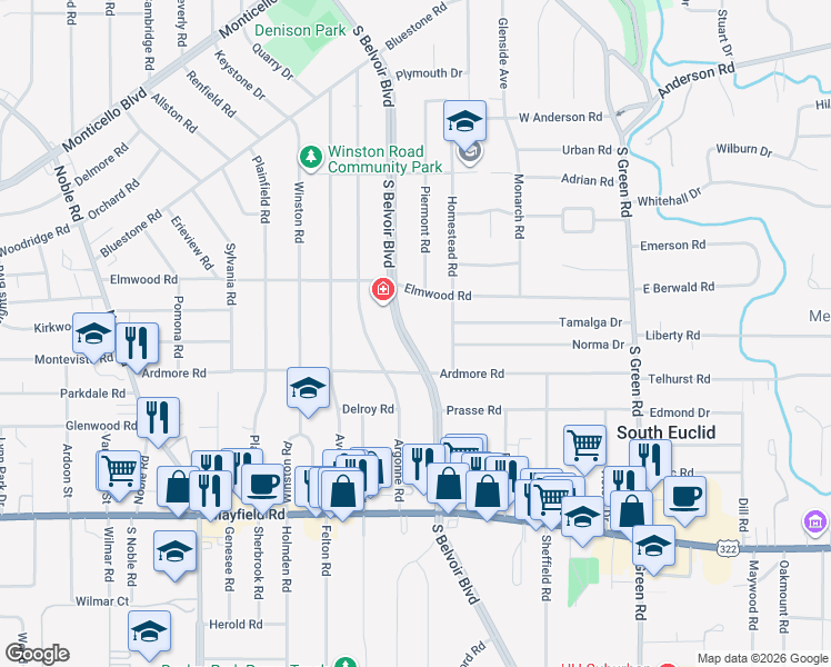 map of restaurants, bars, coffee shops, grocery stores, and more near 1255 South Belvoir Boulevard in South Euclid
