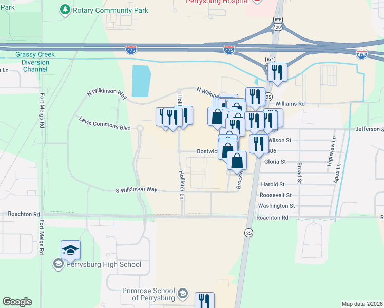map of restaurants, bars, coffee shops, grocery stores, and more near 5144 Bostwick Road in Perrysburg