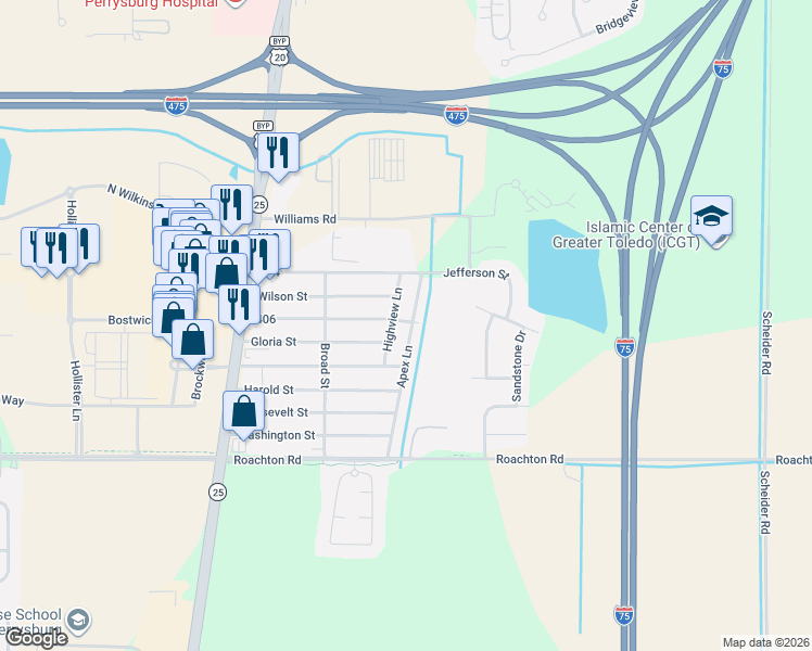map of restaurants, bars, coffee shops, grocery stores, and more near 25777 Apex Lane in Perrysburg