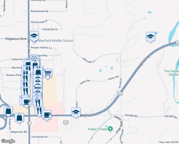 map of restaurants, bars, coffee shops, grocery stores, and more near 6999 Gates Road in Gates Mills