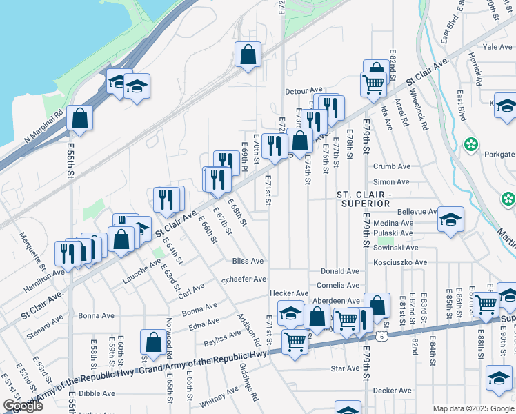map of restaurants, bars, coffee shops, grocery stores, and more near 1047 East 70th Street in Cleveland