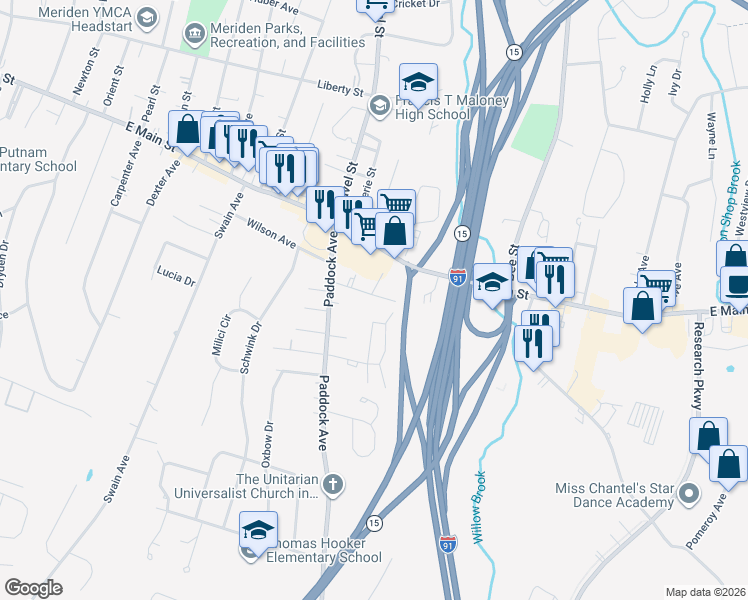 map of restaurants, bars, coffee shops, grocery stores, and more near 47 Jerome Avenue in Meriden
