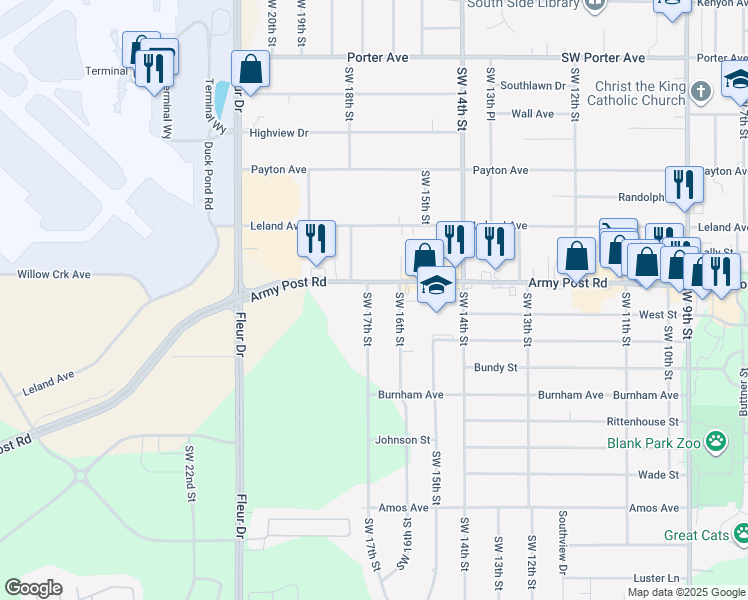 map of restaurants, bars, coffee shops, grocery stores, and more near 6407 Southwest 17th Street in Des Moines