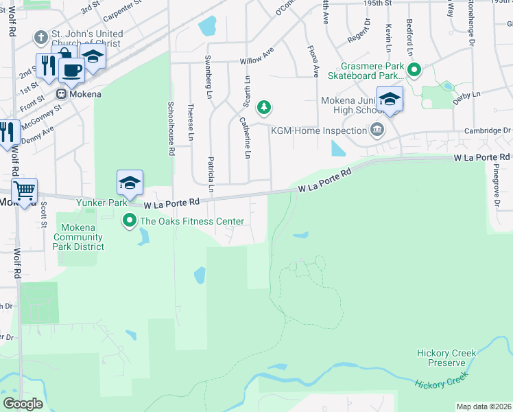map of restaurants, bars, coffee shops, grocery stores, and more near 20005 Timberview Drive in Mokena