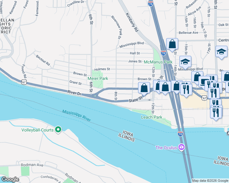 map of restaurants, bars, coffee shops, grocery stores, and more near 723 Grant Street in Bettendorf
