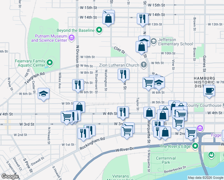 map of restaurants, bars, coffee shops, grocery stores, and more near 1426 West 6th Street in Davenport