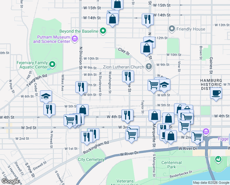 map of restaurants, bars, coffee shops, grocery stores, and more near 1460 West 6th Street in Davenport