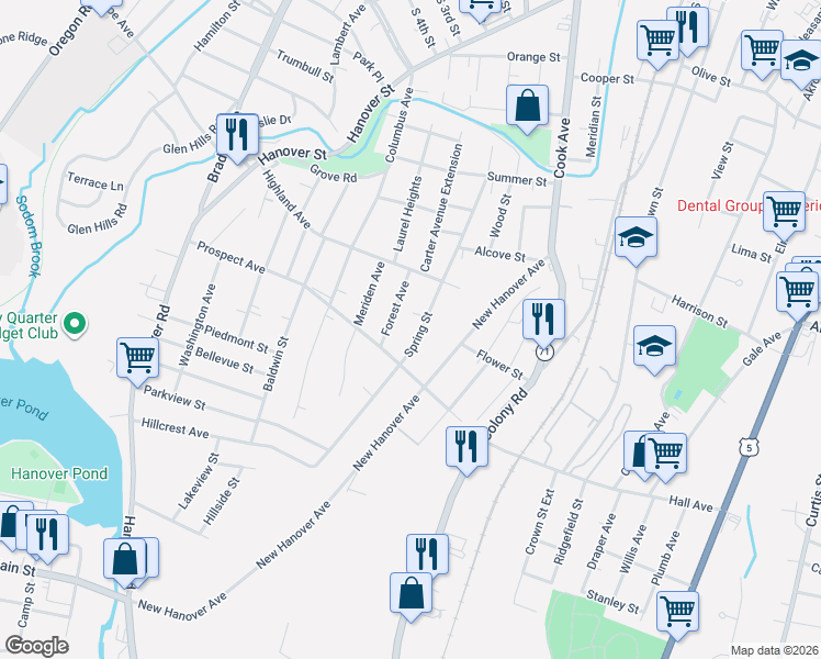 map of restaurants, bars, coffee shops, grocery stores, and more near 253 Spring Street in Meriden