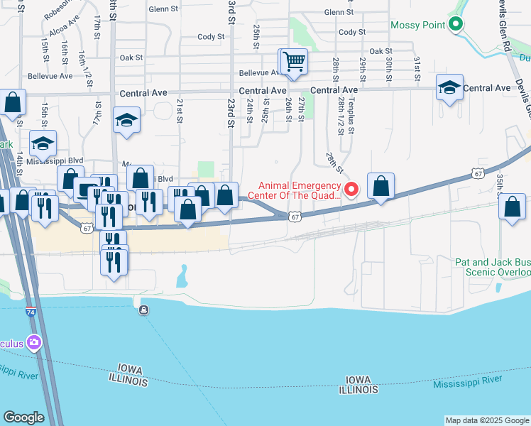 map of restaurants, bars, coffee shops, grocery stores, and more near 2540 State Street in Bettendorf
