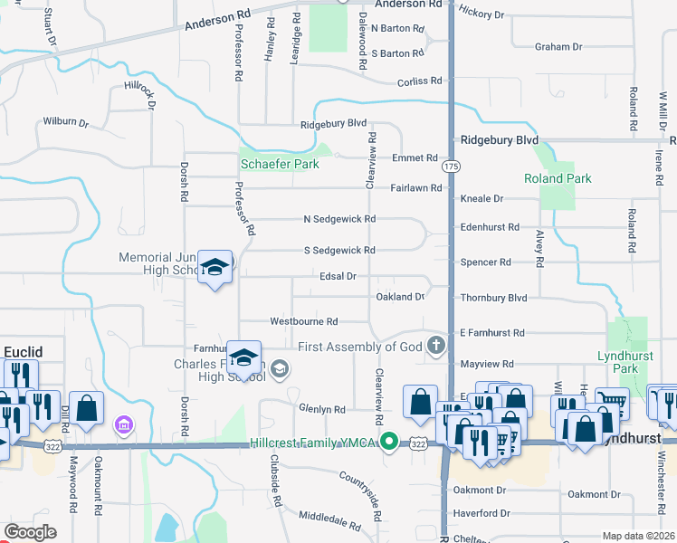 map of restaurants, bars, coffee shops, grocery stores, and more near 4923 Edsal Drive in Lyndhurst