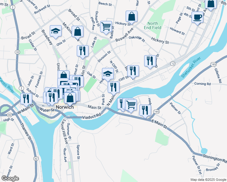 map of restaurants, bars, coffee shops, grocery stores, and more near 54 Main Street in Norwich