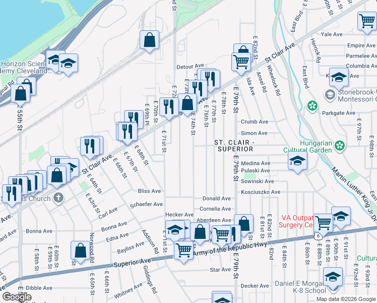 map of restaurants, bars, coffee shops, grocery stores, and more near 1064 E 74th St in Cleveland
