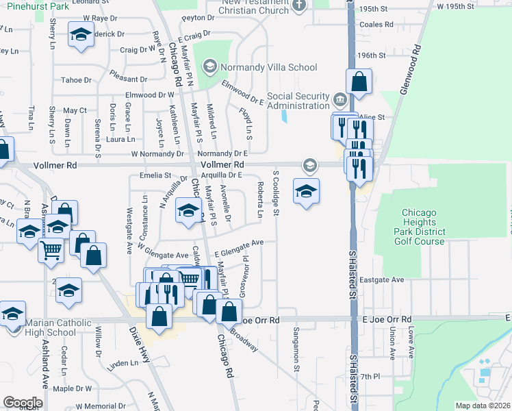 map of restaurants, bars, coffee shops, grocery stores, and more near 306 Roberta Lane in Chicago Heights