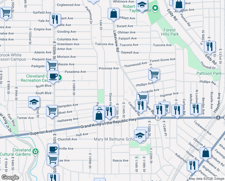 map of restaurants, bars, coffee shops, grocery stores, and more near 1168 Steve Harvey Way in Cleveland