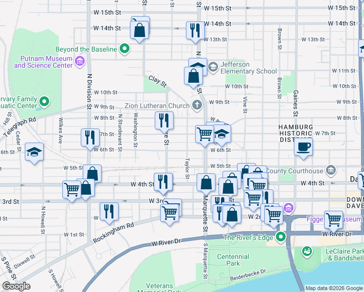 map of restaurants, bars, coffee shops, grocery stores, and more near 613 Taylor Street in Davenport