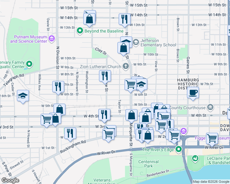 map of restaurants, bars, coffee shops, grocery stores, and more near 613 Taylor Street in Davenport