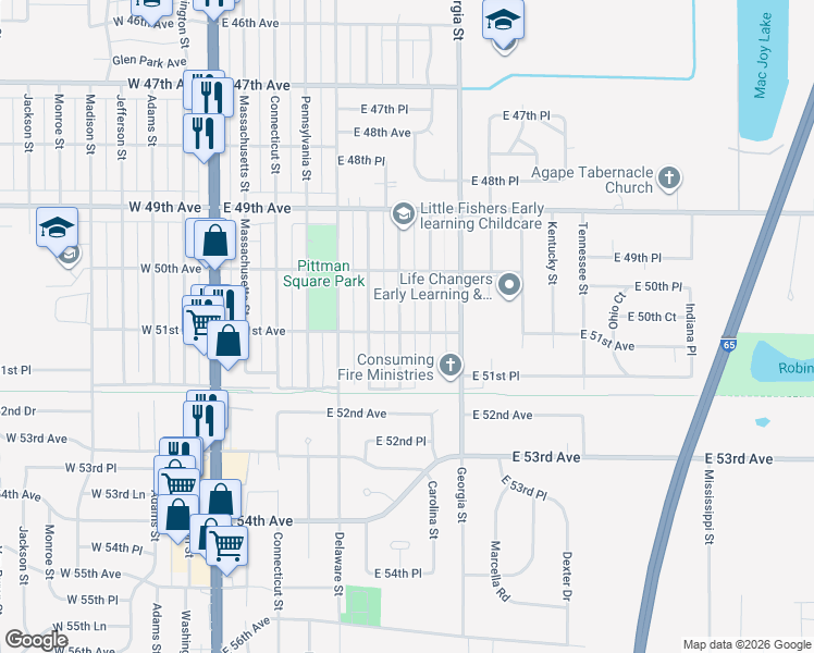 map of restaurants, bars, coffee shops, grocery stores, and more near 600 East 51st Avenue in Gary