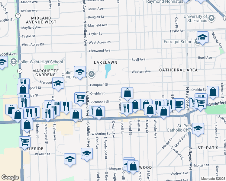 map of restaurants, bars, coffee shops, grocery stores, and more near 1211 Oneida Street in Joliet