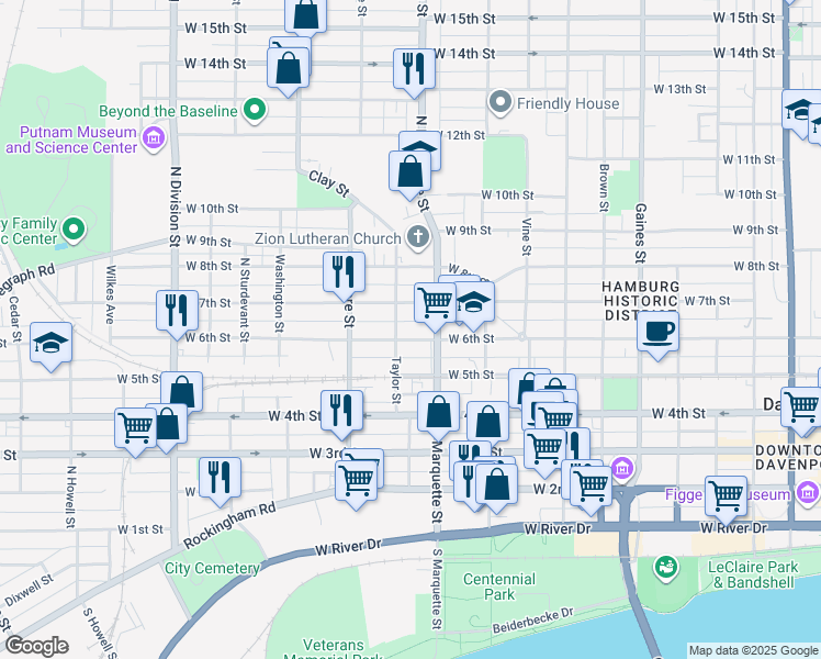 map of restaurants, bars, coffee shops, grocery stores, and more near 1226 West 6th Street in Davenport