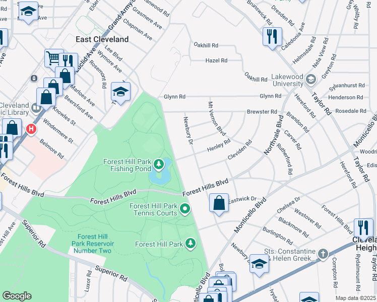 map of restaurants, bars, coffee shops, grocery stores, and more near 15585 Henley Road in East Cleveland