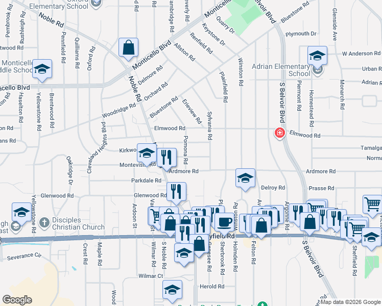map of restaurants, bars, coffee shops, grocery stores, and more near 3985 Rosemond Road in Cleveland Heights