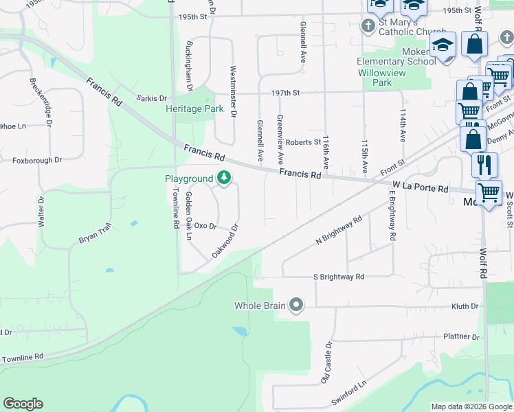 map of restaurants, bars, coffee shops, grocery stores, and more near 19954 Hillgate Road in Mokena