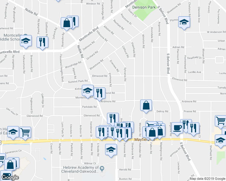 map of restaurants, bars, coffee shops, grocery stores, and more near 3985 Rosemond Road in Cleveland Heights