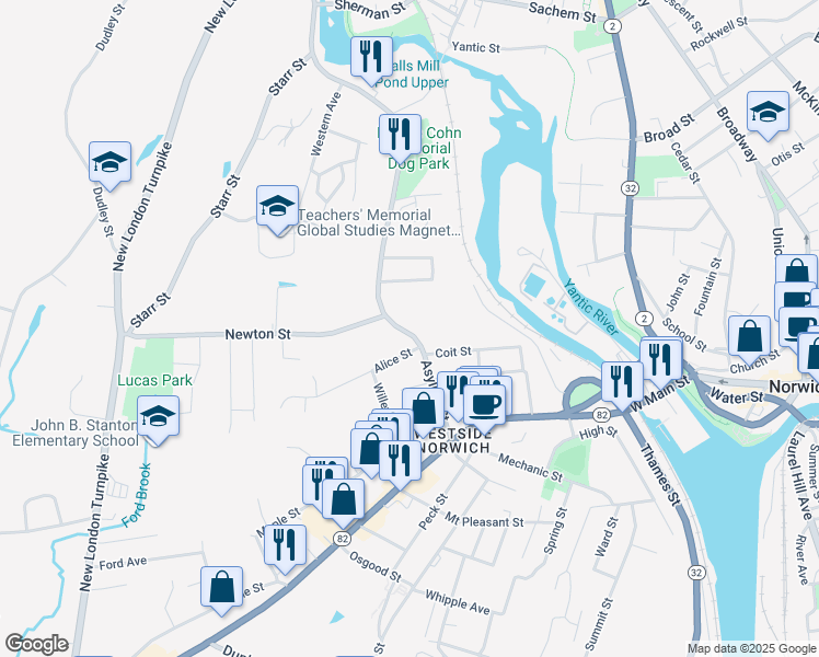map of restaurants, bars, coffee shops, grocery stores, and more near 105 Asylum Street in Norwich