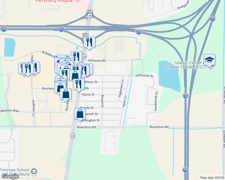 map of restaurants, bars, coffee shops, grocery stores, and more near 12331 Lincoln Boulevard in Perrysburg