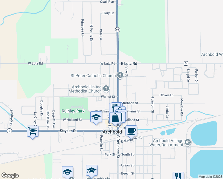 map of restaurants, bars, coffee shops, grocery stores, and more near 408 Ditto Street in Archbold
