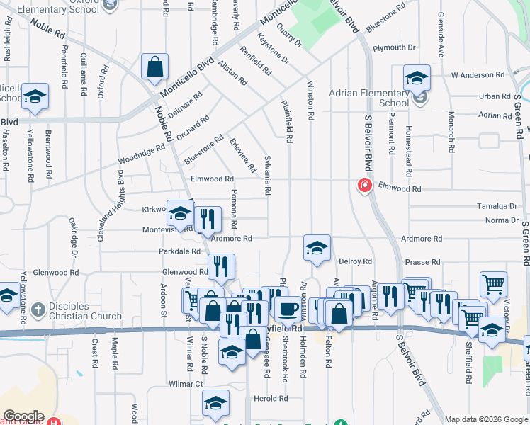 map of restaurants, bars, coffee shops, grocery stores, and more near 4025 Rosemond Rd in Cleveland Heights