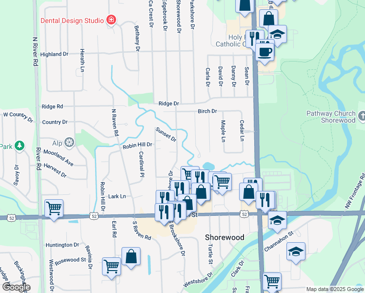 map of restaurants, bars, coffee shops, grocery stores, and more near 325 North Brookshore Drive in Shorewood