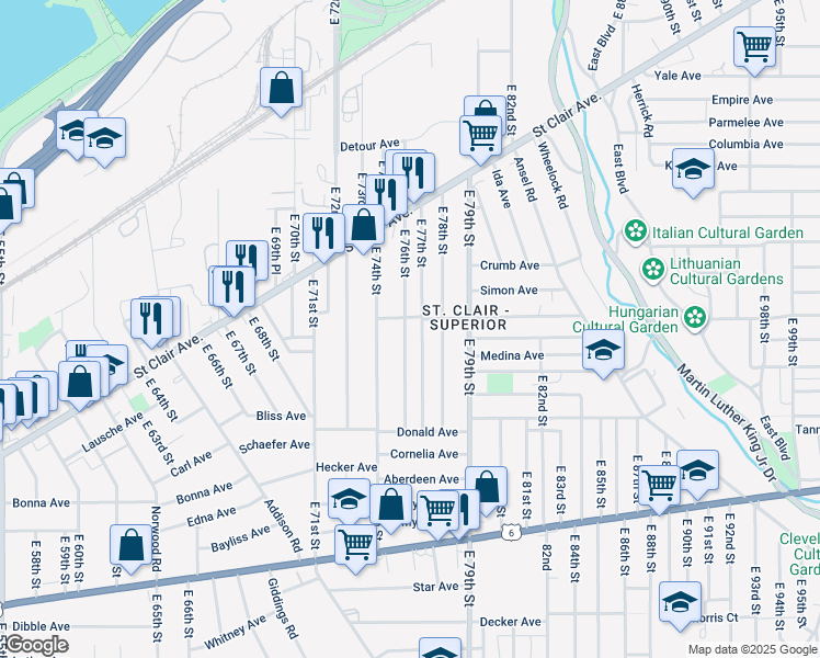 map of restaurants, bars, coffee shops, grocery stores, and more near 1063 East 76th Street in Cleveland