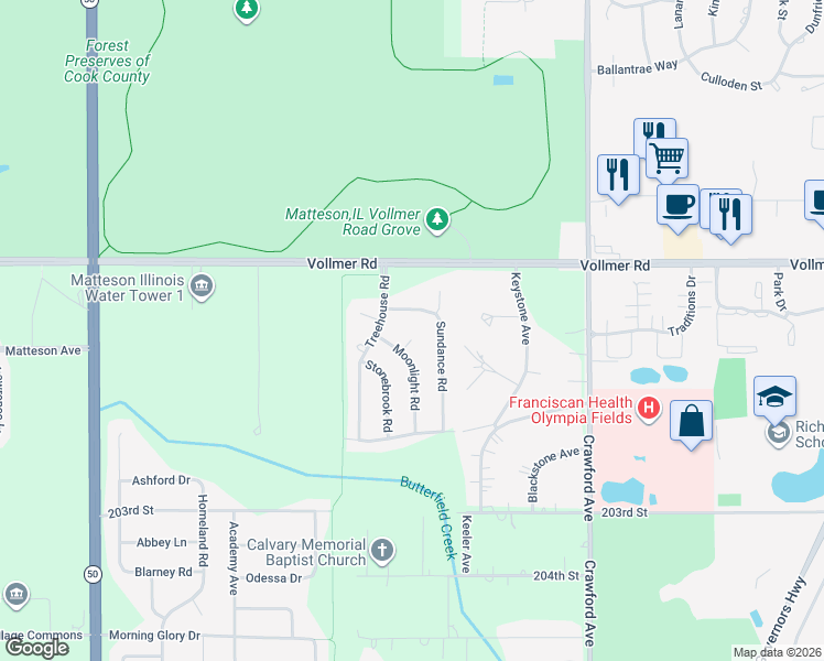 map of restaurants, bars, coffee shops, grocery stores, and more near 56 Moonlight Court in Matteson