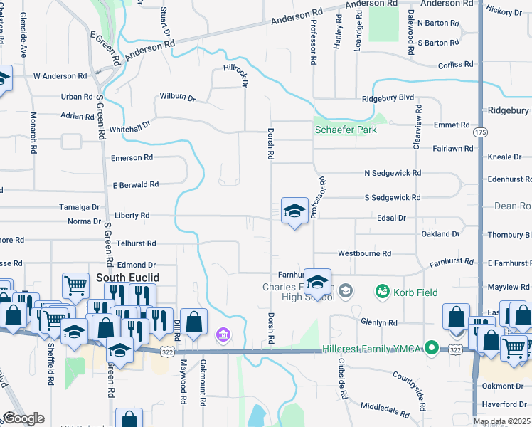 map of restaurants, bars, coffee shops, grocery stores, and more near 1248 Dorsh Road in South Euclid
