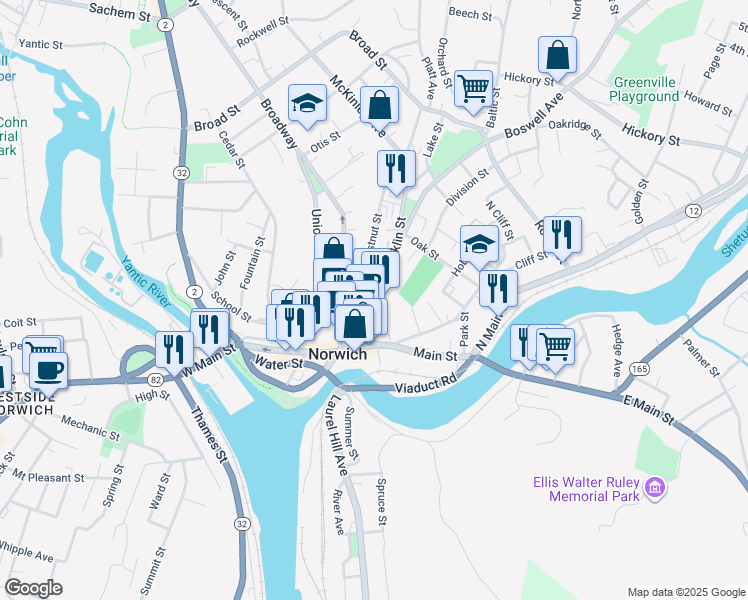map of restaurants, bars, coffee shops, grocery stores, and more near 11 Chestnut Street in Norwich