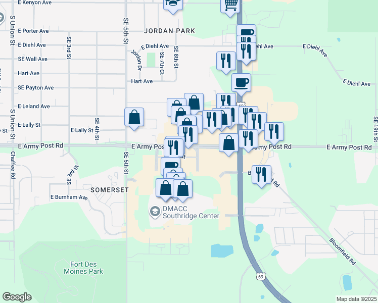 map of restaurants, bars, coffee shops, grocery stores, and more near 991 East Army Post Road in Des Moines