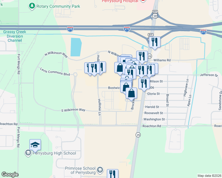 map of restaurants, bars, coffee shops, grocery stores, and more near 5106 Bostwick Road in Perrysburg