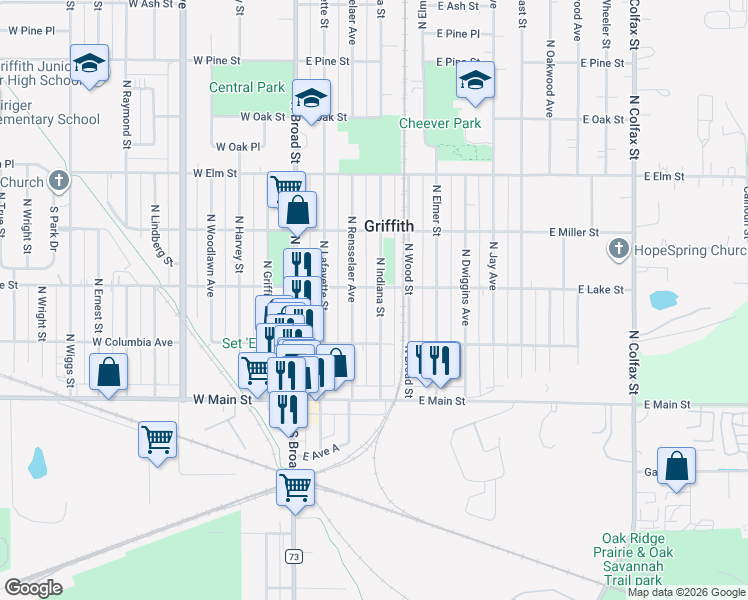 map of restaurants, bars, coffee shops, grocery stores, and more near 238 North Indiana Street in Griffith