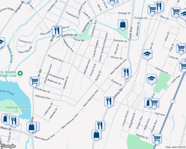 map of restaurants, bars, coffee shops, grocery stores, and more near 253 Spring Street in Meriden