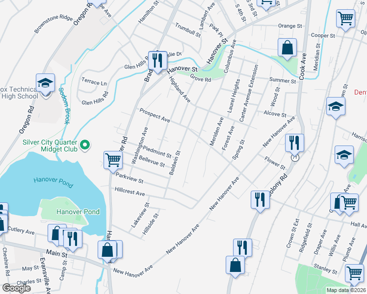 map of restaurants, bars, coffee shops, grocery stores, and more near 46 Baldwin Street in Meriden