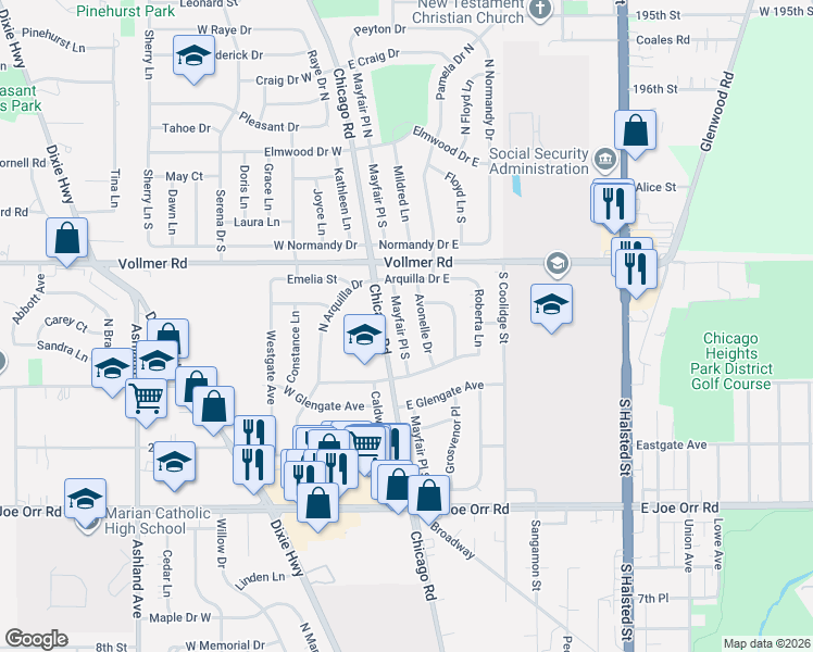 map of restaurants, bars, coffee shops, grocery stores, and more near 258 Mayfair Place South in Chicago Heights