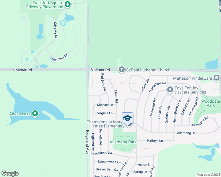 map of restaurants, bars, coffee shops, grocery stores, and more near 59 Red Barn Road in Matteson